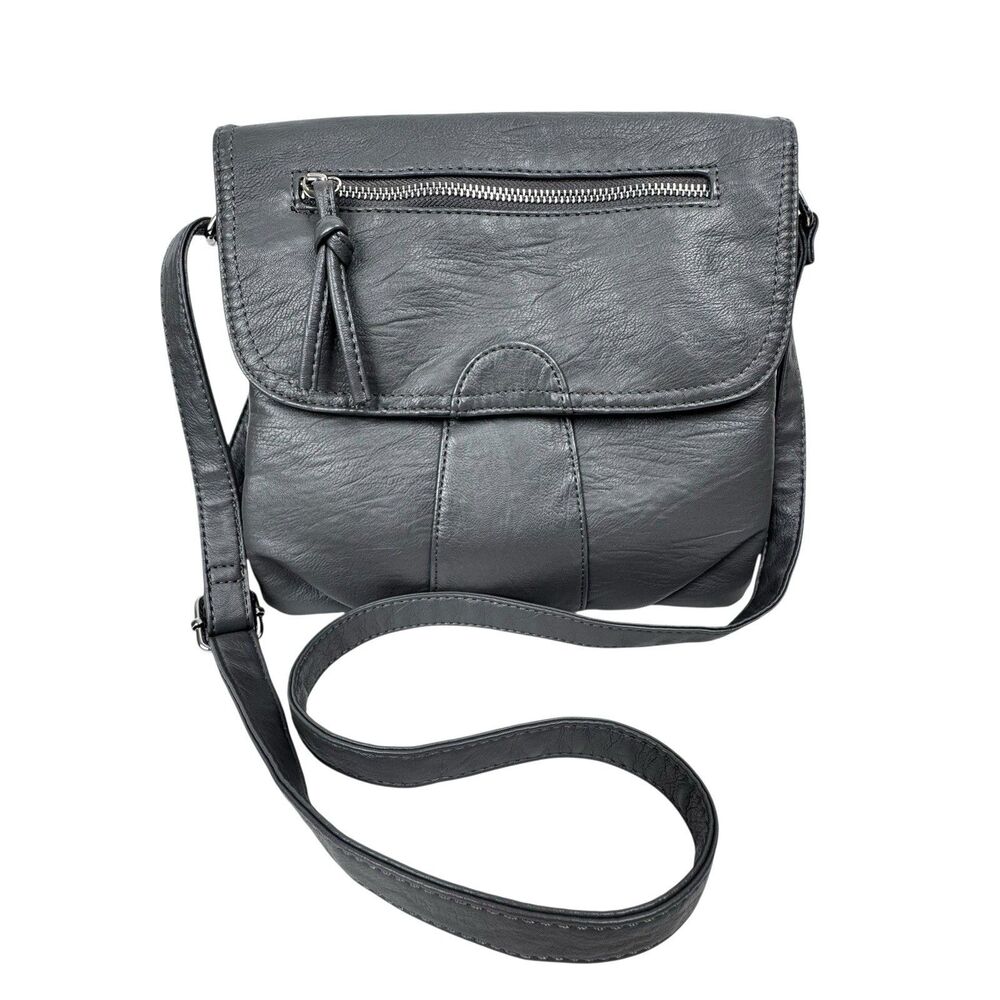 Sam &‎ Hadley Faux Leather Crossbody Bag Gray 5 Pockets Flap Adjustable Strap